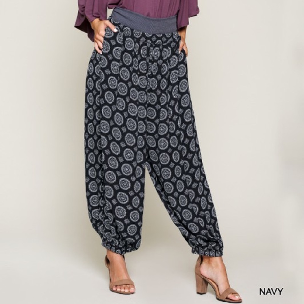 Balloon Pants  Navy White  Rib Waist  Medallion Print harem styleSz. S NWT Gigio - Picture 12 of 13